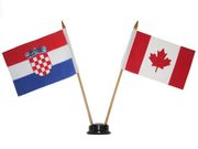 CANADA & CROATIA HRVATSKA SMALL 4" X 6" INCHES MINI DOUBLE COUNTRY STICK FLAG BANNER WITH BLACK STAND ON A 10" INCH PLASTIC POLE .. NEW