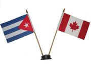 CANADA & CUBA SMALL 4" X 6" INCHES MINI DOUBLE COUNTRY STICK FLAG BANNER WITH BLACK STAND ON A 10" INCH PLASTIC POLE .. NEW