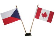 CANADA & CZECH REPUBLIC SMALL 4" X 6" INCHES MINI DOUBLE COUNTRY STICK FLAG BANNER WITH BLACK STAND ON A 10" INCH PLASTIC POLE .. NEW