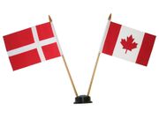 CANADA & DENMARK SMALL 4" X 6" INCHES MINI DOUBLE COUNTRY STICK FLAG BANNER WITH BLACK STAND ON A 10" INCH PLASTIC POLE .. NEW