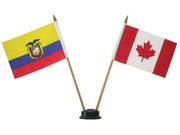CANADA & ECUADOR SMALL 4" X 6" INCHES MINI DOUBLE COUNTRY STICK FLAG BANNER WITH BLACK STAND ON A 10" INCH PLASTIC POLE .. NEW