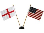 USA & ENGLAND SMALL 4" X 6" INCHES MINI DOUBLE COUNTRY STICK FLAG BANNER WITH BLACK STAND ON A 10" INCH PLASTIC POLE .. NEW