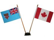 CANADA & FIJI SMALL 4" X 6" INCHES MINI DOUBLE COUNTRY STICK FLAG BANNER WITH BLACK STAND ON A 10" INCH PLASTIC POLE .. NEW