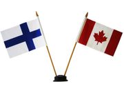 CANADA & FINLAND SMALL 4" X 6" INCHES MINI DOUBLE COUNTRY STICK FLAG BANNER WITH BLACK STAND ON A 10" INCH PLASTIC POLE .. NEW
