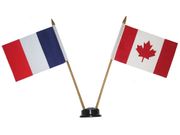 CANADA & FRANCE SMALL 4" X 6" INCHES MINI DOUBLE COUNTRY STICK FLAG BANNER WITH BLACK STAND ON A 10" INCH PLASTIC POLE .. NEW