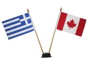 CANADA & GREECE HELLAS SMALL 4" X 6" INCHES MINI DOUBLE COUNTRY STICK FLAG BANNER WITH BLACK STAND ON A 10" INCH PLASTIC POLE .. NEW
