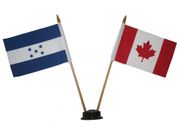 CANADA & HONDURAS SMALL 4" X 6" INCHES MINI DOUBLE COUNTRY STICK FLAG BANNER WITH BLACK STAND ON A 10" INCH PLASTIC POLE .. NEW