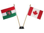 CANADA & HUNGARY WITH CREST SMALL 4" X 6" INCHES MINI DOUBLE COUNTRY STICK FLAG BANNER WITH BLACK STAND ON A 10" INCH PLASTIC POLE .. NEW