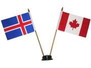 CANADA & ICELAND SMALL 4" X 6" INCHES MINI DOUBLE COUNTRY STICK FLAG BANNER WITH BLACK STAND ON A 10" INCH PLASTIC POLE .. NEW