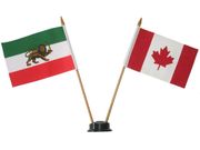 CANADA & IRAN PERSIAN LION OLD SMALL 4" X 6" INCHES MINI DOUBLE COUNTRY STICK FLAG BANNER WITH BLACK STAND ON A 10" INCH PLASTIC POLE .. NEW