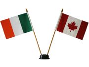 CANADA & IRELAND SMALL 4" X 6" INCHES MINI DOUBLE COUNTRY STICK FLAG BANNER WITH BLACK STAND ON A 10" INCH PLASTIC POLE .. NEW