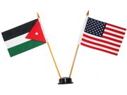 USA & JORDAN SMALL 4" X 6" INCHES MINI DOUBLE COUNTRY STICK FLAG BANNER WITH BLACK STAND ON A 10" INCH PLASTIC POLE .. NEW