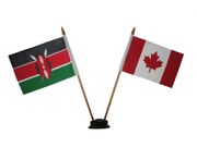 CANADA & KENYA SMALL 4" X 6" INCHES MINI DOUBLE COUNTRY STICK FLAG BANNER WITH BLACK STAND ON A 10" INCH PLASTIC POLE .. NEW