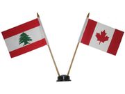 CANADA & LEBANON SMALL 4" X 6" INCHES MINI DOUBLE COUNTRY STICK FLAG BANNER WITH BLACK STAND ON A 10" INCH PLASTIC POLE .. NEW