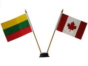CANADA & LITHUANIA SMALL 4" X 6" INCHES MINI DOUBLE COUNTRY STICK FLAG BANNER WITH BLACK STAND ON A 10" INCH PLASTIC POLE .. NEW
