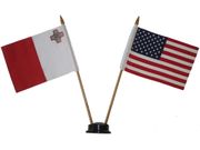 USA & MALTA SMALL 4" X 6" INCHES MINI DOUBLE COUNTRY STICK FLAG BANNER WITH BLACK STAND ON A 10" INCH PLASTIC POLE .. NEW