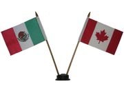 CANADA & MEXICO SMALL 4" X 6" INCHES MINI DOUBLE COUNTRY STICK FLAG BANNER WITH BLACK STAND ON A 10" INCH PLASTIC POLE .. NEW
