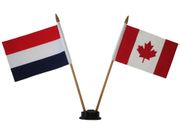 CANADA & NETHERLANDS HOLLAND SMALL 4" X 6" INCHES MINI DOUBLE COUNTRY STICK FLAG BANNER WITH BLACK STAND ON A 10" INCH PLASTIC POLE .. NEW
