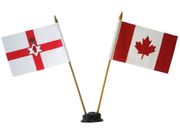 CANADA & NORTHERN IRELAND SMALL 4" X 6" INCHES MINI DOUBLE COUNTRY STICK FLAG BANNER WITH BLACK STAND ON A 10" INCH PLASTIC POLE .. NEW