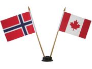 CANADA & NORWAY SMALL 4" X 6" INCHES MINI DOUBLE COUNTRY STICK FLAG BANNER WITH BLACK STAND ON A 10" INCH PLASTIC POLE .. NEW