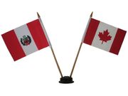 CANADA & PERU SMALL 4" X 6" INCHES MINI DOUBLE COUNTRY STICK FLAG BANNER WITH BLACK STAND ON A 10" INCH PLASTIC POLE .. NEW