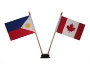 CANADA & PHILIPPINES SMALL 4" X 6" INCHES MINI DOUBLE COUNTRY STICK FLAG BANNER WITH BLACK STAND ON A 10" INCH PLASTIC POLE .. NEW