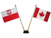 CANADA & POLAND POLSKA WITH EAGLE SMALL 4" X 6" INCHES MINI DOUBLE COUNTRY STICK FLAG BANNER WITH BLACK STAND ON A 10" INCH PLASTIC POLE .. NEW