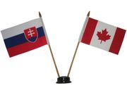 CANADA & SLOVAKIA SMALL 4" X 6" INCHES MINI DOUBLE COUNTRY STICK FLAG BANNER WITH BLACK STAND ON A 10" INCH PLASTIC POLE .. NEW