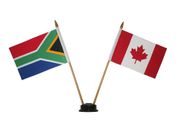 CANADA & SOUTH AFRICA SMALL 4" X 6" INCHES MINI DOUBLE COUNTRY STICK FLAG BANNER WITH BLACK STAND ON A 10" INCH PLASTIC POLE .. NEW