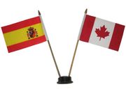 CANADA & SPAIN ESPANA SMALL 4" X 6" INCHES MINI DOUBLE COUNTRY STICK FLAG BANNER WITH BLACK STAND ON A 10" INCH PLASTIC POLE .. NEW