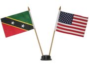 USA & ST.KITTS AND NEVIS SMALL 4" X 6" INCHES MINI DOUBLE COUNTRY STICK FLAG BANNER WITH BLACK STAND ON A 10" INCH PLASTIC POLE .. NEW