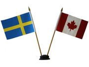 CANADA & SWEDEN SMALL 4" X 6" INCHES MINI DOUBLE COUNTRY STICK FLAG BANNER WITH BLACK STAND ON A 10" INCH PLASTIC POLE .. NEW