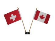 CANADA & SWITZERLAND SUISSE SMALL 4" X 6" INCHES MINI DOUBLE COUNTRY STICK FLAG BANNER WITH BLACK STAND ON A 10" INCH PLASTIC POLE .. NEW