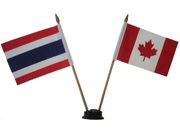 CANADA & THAILAND SMALL 4" X 6" INCHES MINI DOUBLE COUNTRY STICK FLAG BANNER WITH BLACK STAND ON A 10" INCH PLASTIC POLE .. NEW