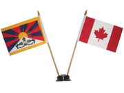 CANADA & TIBET SMALL 4" X 6" INCHES MINI DOUBLE COUNTRY STICK FLAG BANNER WITH BLACK STAND ON A 10" INCH PLASTIC POLE .. NEW