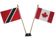 CANADA & TRINIDAD AND TOBAGO SMALL 4" X 6" INCHES MINI DOUBLE COUNTRY STICK FLAG BANNER WITH BLACK STAND ON A 10" INCH PLASTIC POLE .. NEW