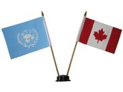 CANADA & UNITED NATIONS SMALL 4" X 6" INCHES MINI DOUBLE COUNTRY STICK FLAG BANNER WITH BLACK STAND ON A 10" INCH PLASTIC POLE .. NEW