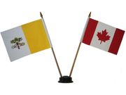 CANADA & VATICAN CITY SMALL 4" X 6" INCHES MINI DOUBLE COUNTRY STICK FLAG BANNER WITH BLACK STAND ON A 10" INCH PLASTIC POLE .. NEW