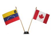 CANADA & VENEZUELA SMALL 4" X 6" INCHES MINI DOUBLE COUNTRY STICK FLAG BANNER WITH BLACK STAND ON A 10" INCH PLASTIC POLE .. NEW