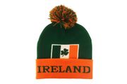 IRELAND GREEN ORANGE COUNTRY FLAG WITH SHAMROCK FLOWER TOQUE HAT WITH POM POM