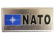 NATO FLAG SMALL SILVER METAL LICENSE PLATE STICKER DECAL EMBLEM . NEW