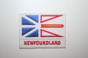 NEWFOUNDLAND PROVINCIAL FLAG SMALL IRON-ON EMBROIDERED PATCH CREST BADGE WITH WORDING UNDER IT .. NEW