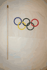 OLYMPIC LOGO 12" X 18" WHITE LARGE STICK FLAG ON 2 FEET WOODEN STICK .. NEW