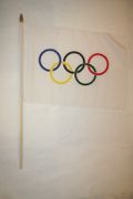 OLYMPIC LOGO 12" X 18" WHITE LARGE STICK FLAG ON 2 FEET WOODEN STICK .. NEW