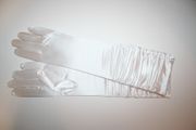 PAIR OF WHITE LONG HIGH QUALITY SATIN OPERA GLOVES ... NEW IN PACKAGE .. WEDDING