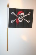 PIRATE SKULL AND CROSS BONES WITH RED BANDANA 4" X6 6" SMALL STICK FLAG WITH 10" POLE .. NEW