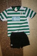 SCP SPORTING PORTUGAL FOOTBALL CLUB GREEN AND WHITE STRIPED JERSEY WITH BLACK SHORTS .. NEW