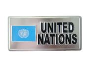 UNITED NATIONS SMALL SILVER METAL LICENSE PLATE STICKER DECAL EMBLEM FLAG .. NEW