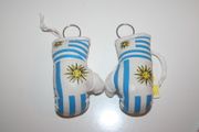 URUGUAY COUNTRY FLAG PAIR OF MINIATURE BOXING GLOVE KEYCHAINS .. FIFA WORLD CUP SOCCER FOOTBALL ... NEW