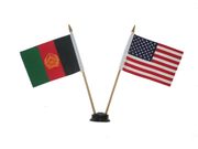 USA & AFGANISTAN SMALL 4" X 6" INCHES MINI DOUBLE COUNTRY STICK FLAG BANNER WITH BLACK STAND ON A 10" INCH PLASTIC POLE .. NEW